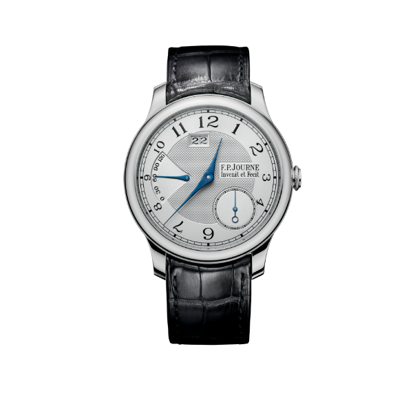 Platinum watch with blue hands and leather black strap