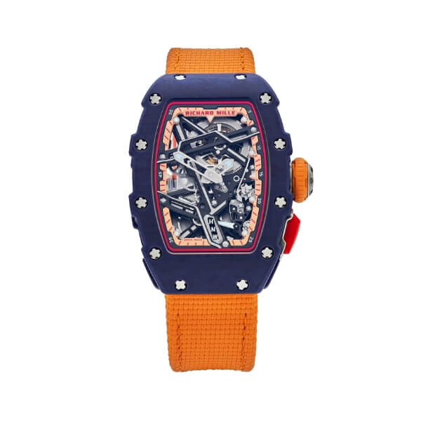 Navy blue watch with orange fabric strap