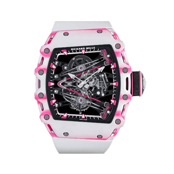 White watch with pink bezel and winding tourbillon