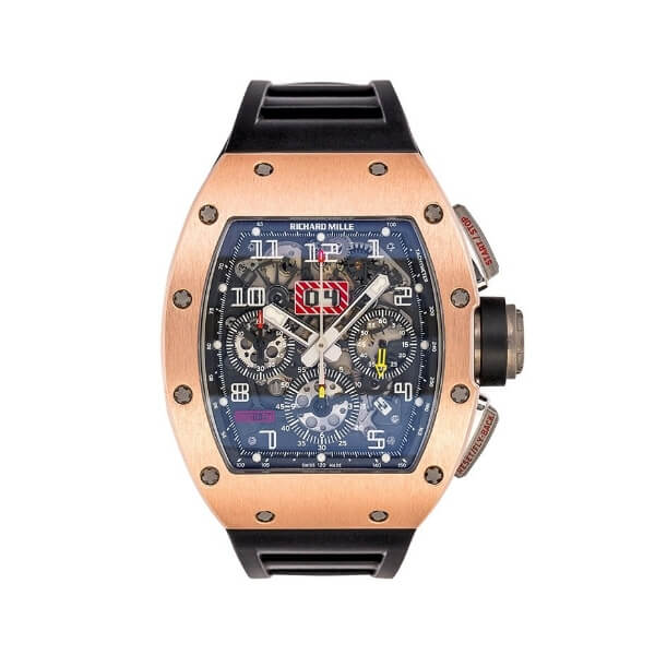 A square rose gold watch with black chronograph